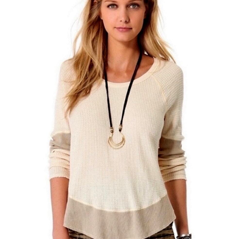 FP One Cream and Brown Boho Colorblock Thermal Ribbed Blouse Size M
